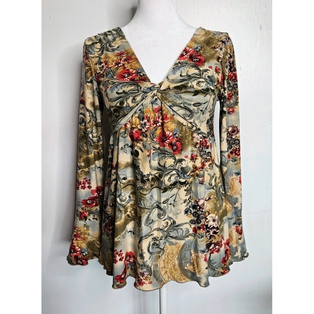 Y2K Baroque Floral Bell Sleeve Twist Front Top Boho Romantic Flowy Maternity S